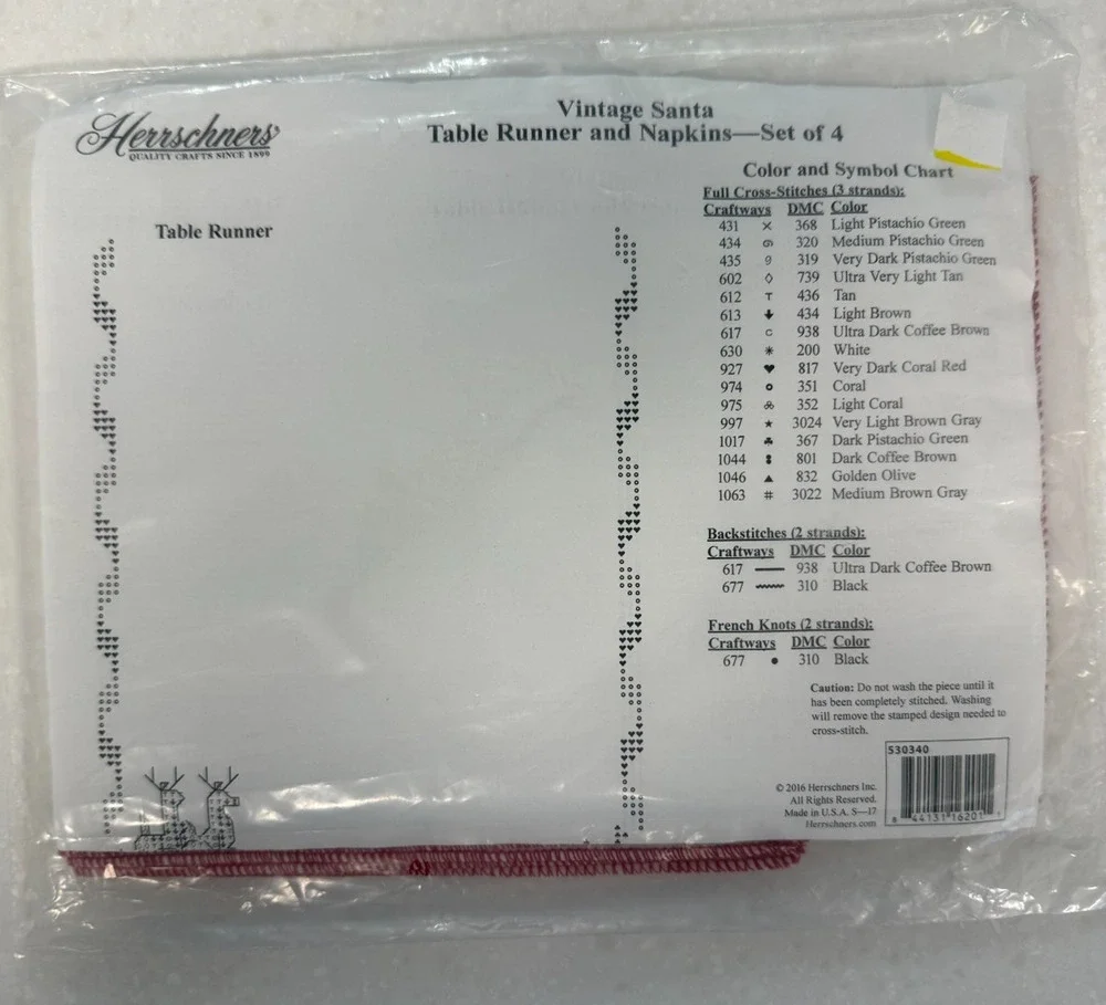 Herrschners Vintage Santa Stamped Cross Stitch Table Runner & Napkins Kit - NOS